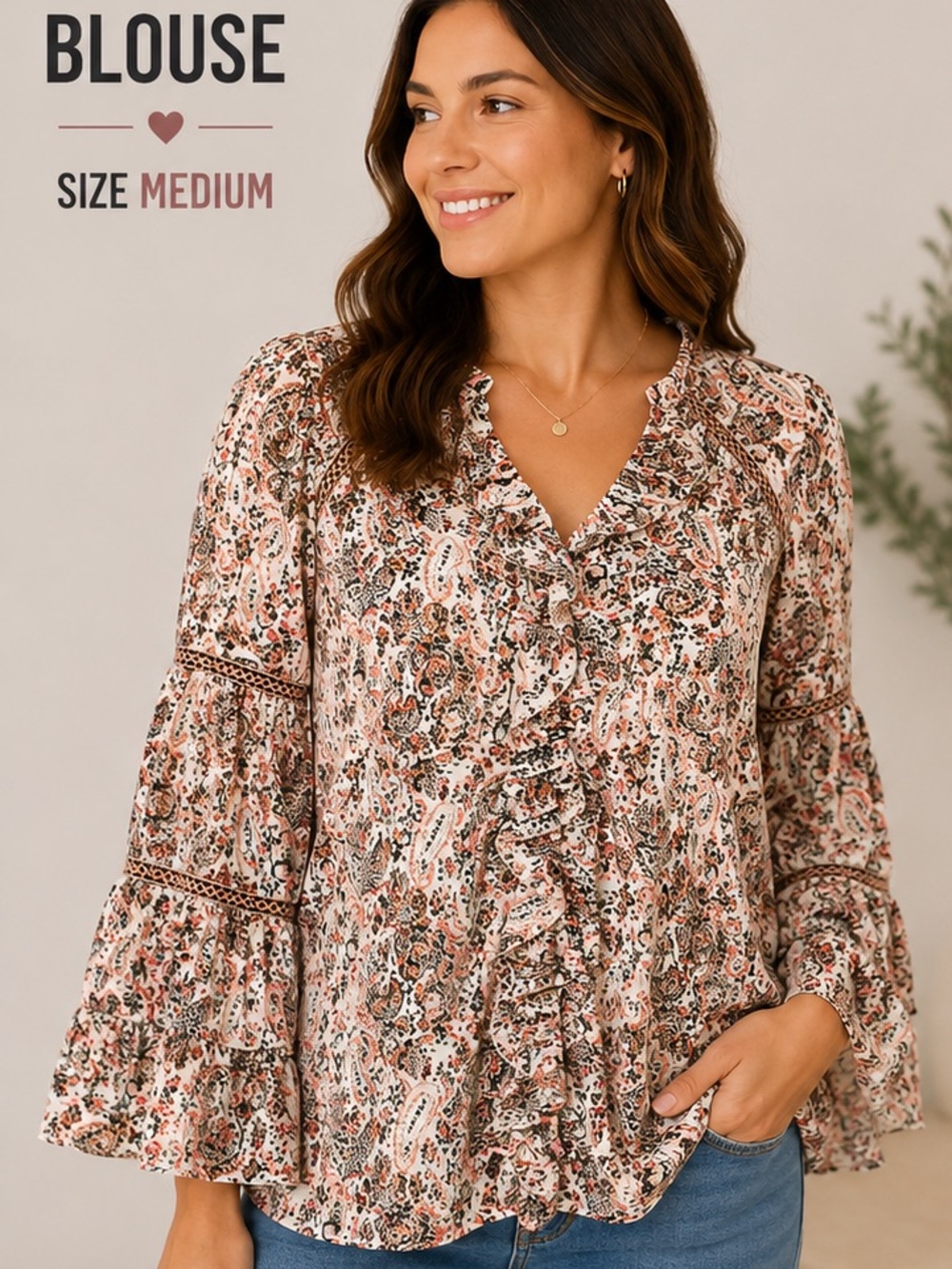 HAILEY & co Ruffled Paisley Button-Front Blouse - Cream with Pink & Black MEDIUM